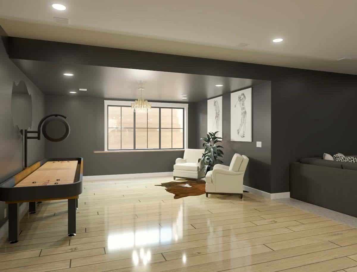 Rec room with a game table and cushioned armchairs over the cowhide rug.
