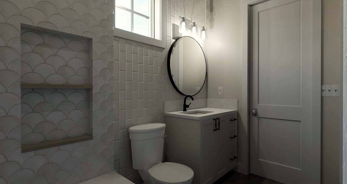 Bathroom with inset shelves, a toilet, and a sink vanity topped with a round mirror.