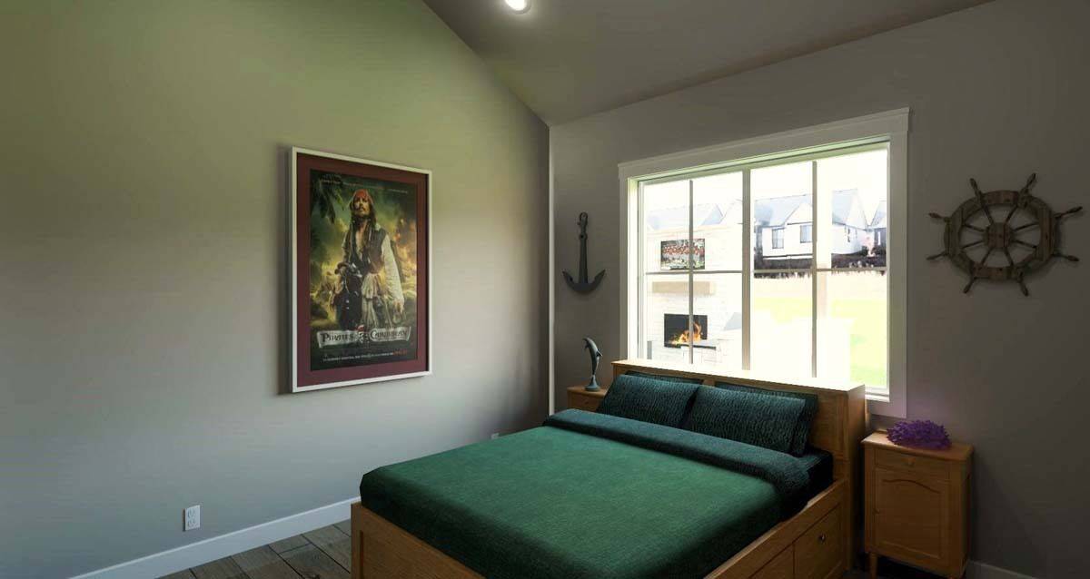 Bedroom with a wooden bed and matching nightstands under a vaulted ceiling.
