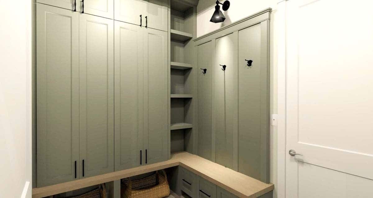 Mudroom with lockers, coat hooks, and a storage bench.
