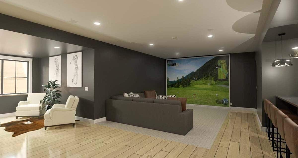 Home theater with gray walls, wide plank flooring, and a huge screen.
