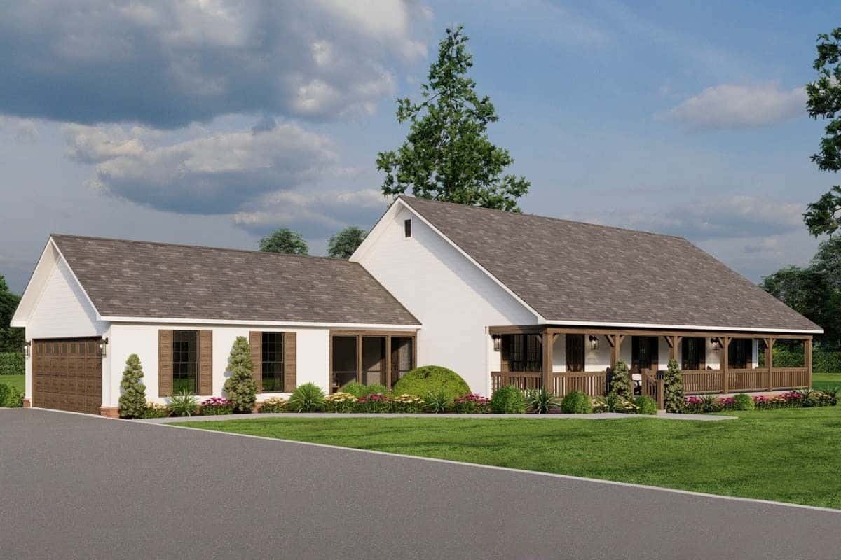 Front-left view showcasing the 2-car side-loading garage with an asphalt driveway.