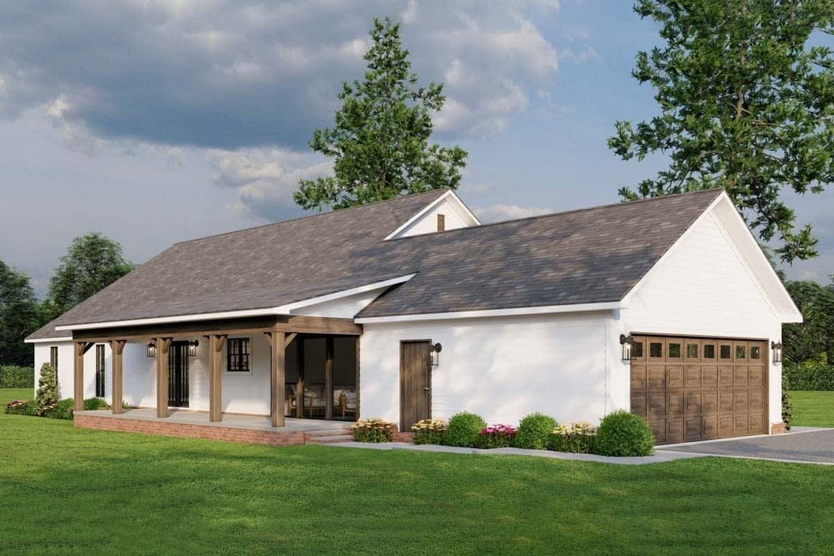 Rear-left view with a side-loading garage and a covered grilling porch.