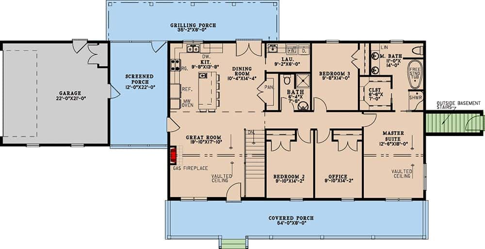 Main level floor plan of a country style 3-bedroom single-story home with great room, dining area, kitchen, three bedrooms, home office, a double side-loading garage, and three covered porches.