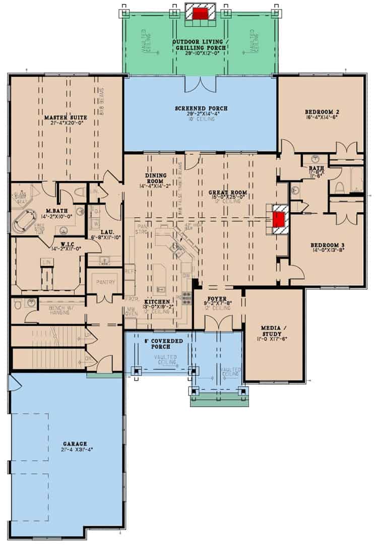 Main level floor plan of a single-story mountain 3-bedroom craftsman home with foyer, great room, dining area, media/study, three bedrooms, and a side-loading garage.