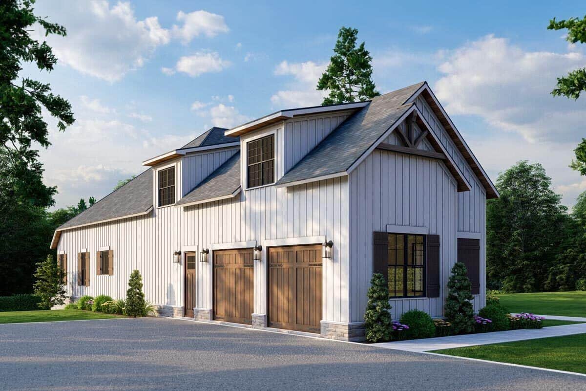 Front-left view with gable rooflines and a side-loading garage.