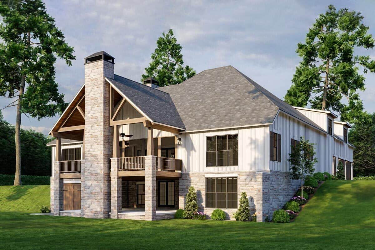 Rear-left view with plenty of windows and stacked porches.