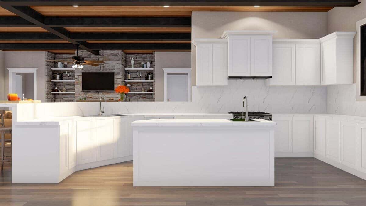 A center island with a prep sink completes the kitchen.