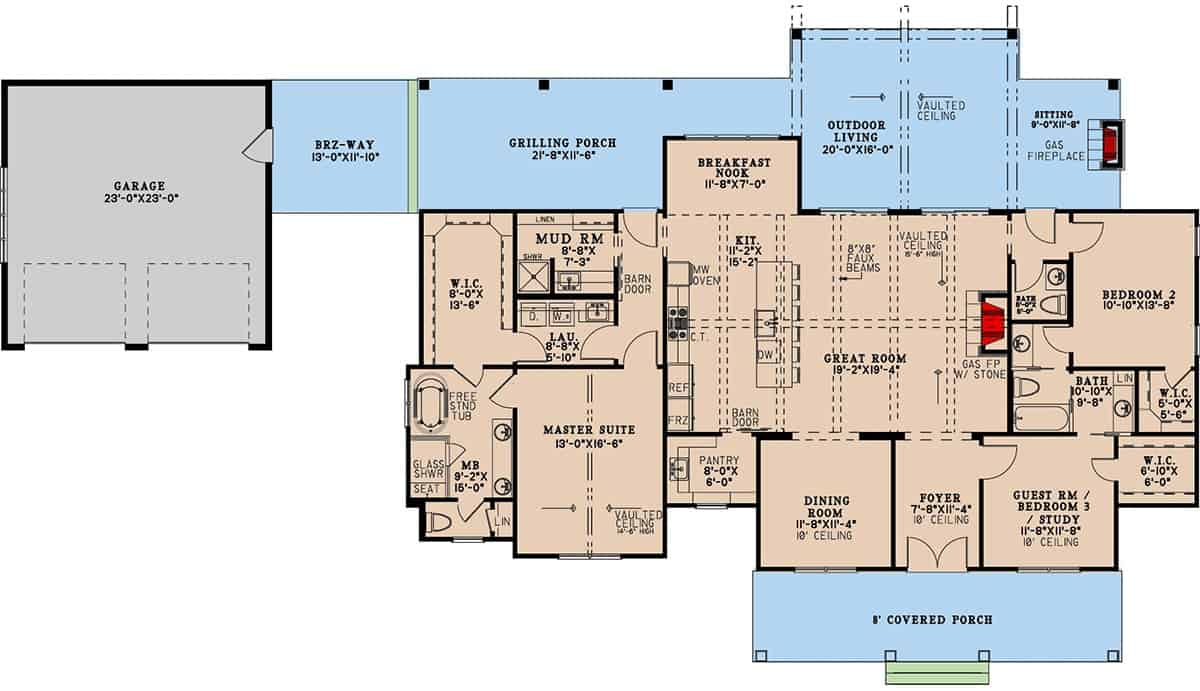Main level floor plan of a single-story modern 3-bedroom farmhouse with foyer, great room, kitchen, dining area, three bedrooms, mudroom, and a detached garage.
