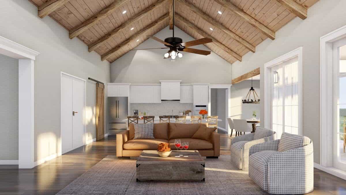 The great room opens completely into the kitchen and dining area.