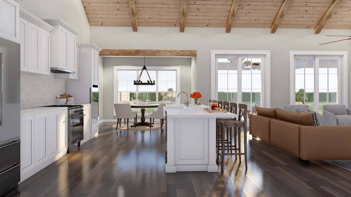 An open layout view of the kitchen, dining area, and great room.