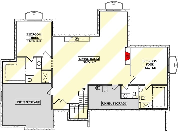 Lower level floor plan with two bedroom suites and a living room with a wet bar.