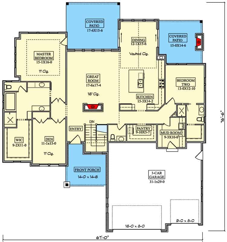 Main level floor plan of a single-story mountain 4-bedroom craftsman with foyer, great room, kitchen, dining area, two bedrooms, den, and mudroom leading to the garage.
