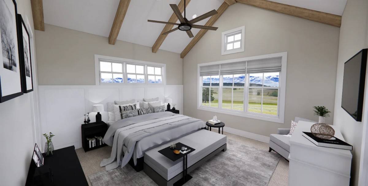 Primary bedroom with a platform bed, a storage bench, a wall-mounted TV, and a cathedral ceiling lined with exposed wood beams.