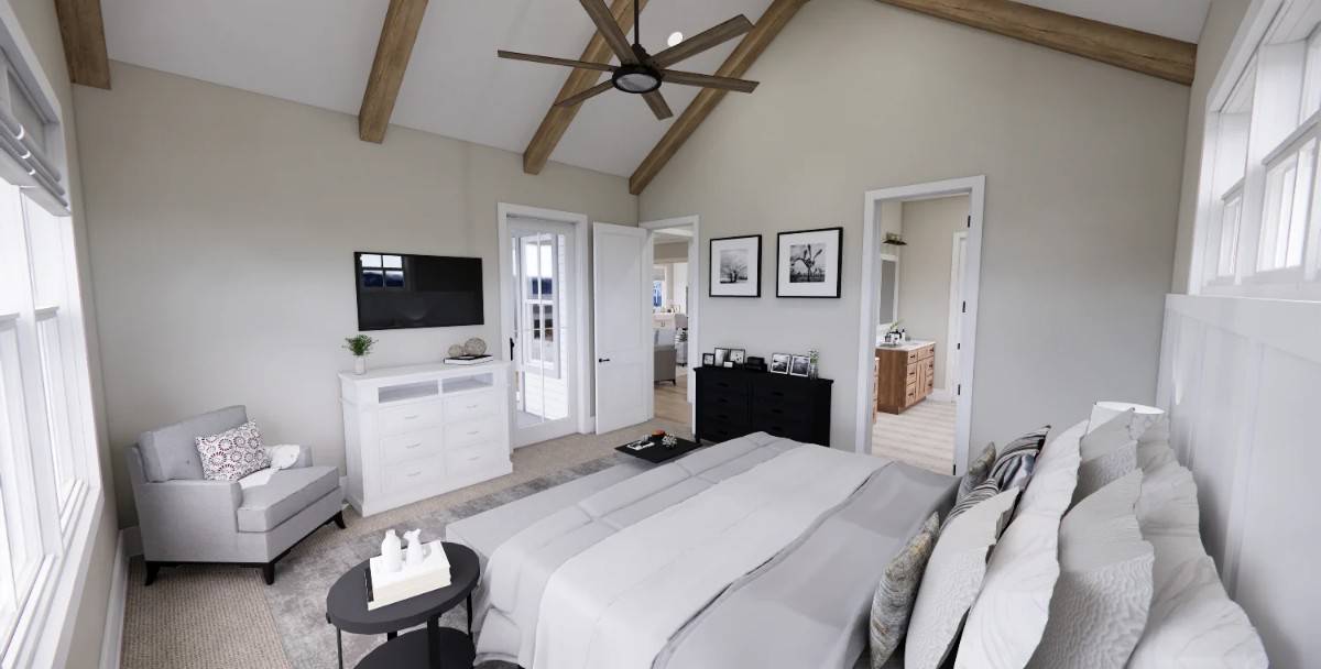 The primary includes an ensuite bath and outdoor access via a glazed door.