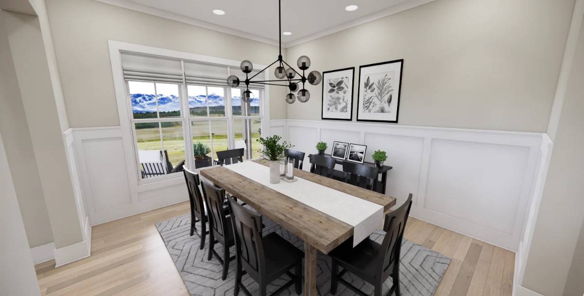 Dining room with half wainscoting and a rustic dining set illuminated by a wrought iron chandelier.