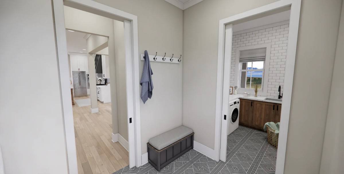 Mudroom and laundry room connected by a pocket door.