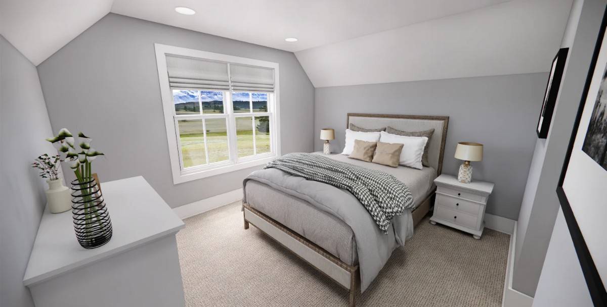 Bedroom with a wooden bed and white cabinets under a coved ceiling.