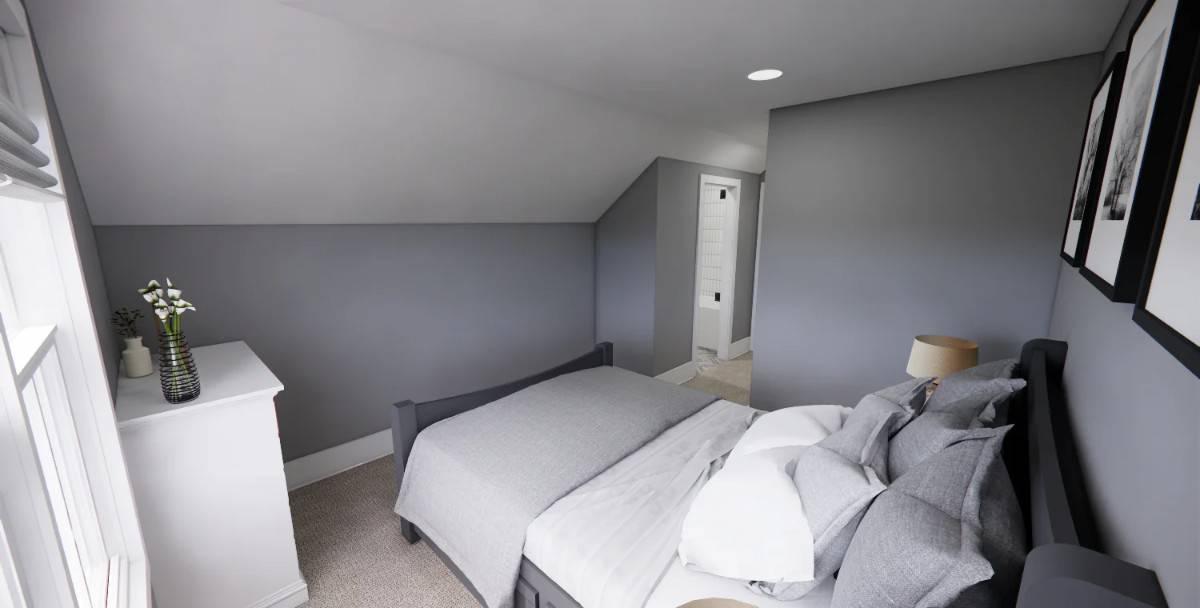 Bedroom with a white dresser and a gray bed that blends in with the walls.