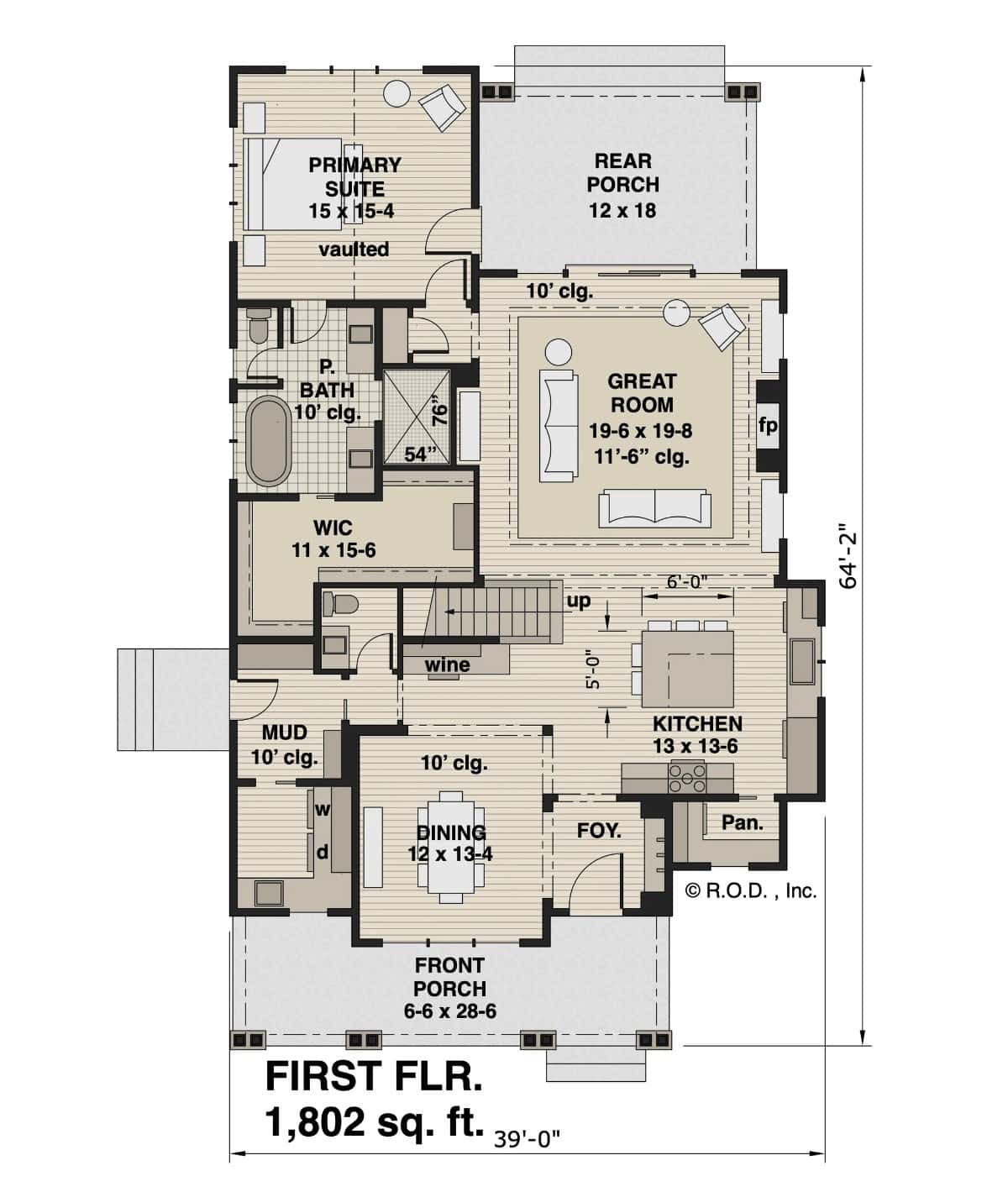 Main level floor plan of a traditional style two-story 3-bedroom Crystal Creek home with foyer, great room, kitchen, dining area, primary suite, mudroom, and laundry room.