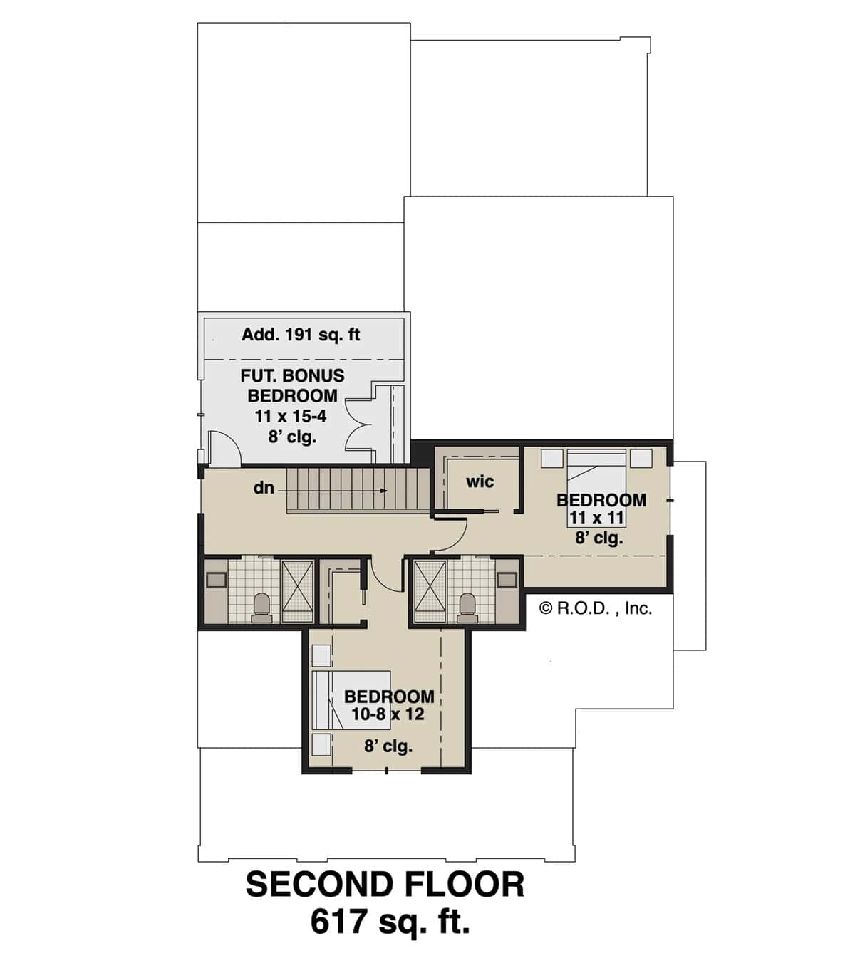 Second level floor plan with two bedrooms, two baths, and a future bonus room.