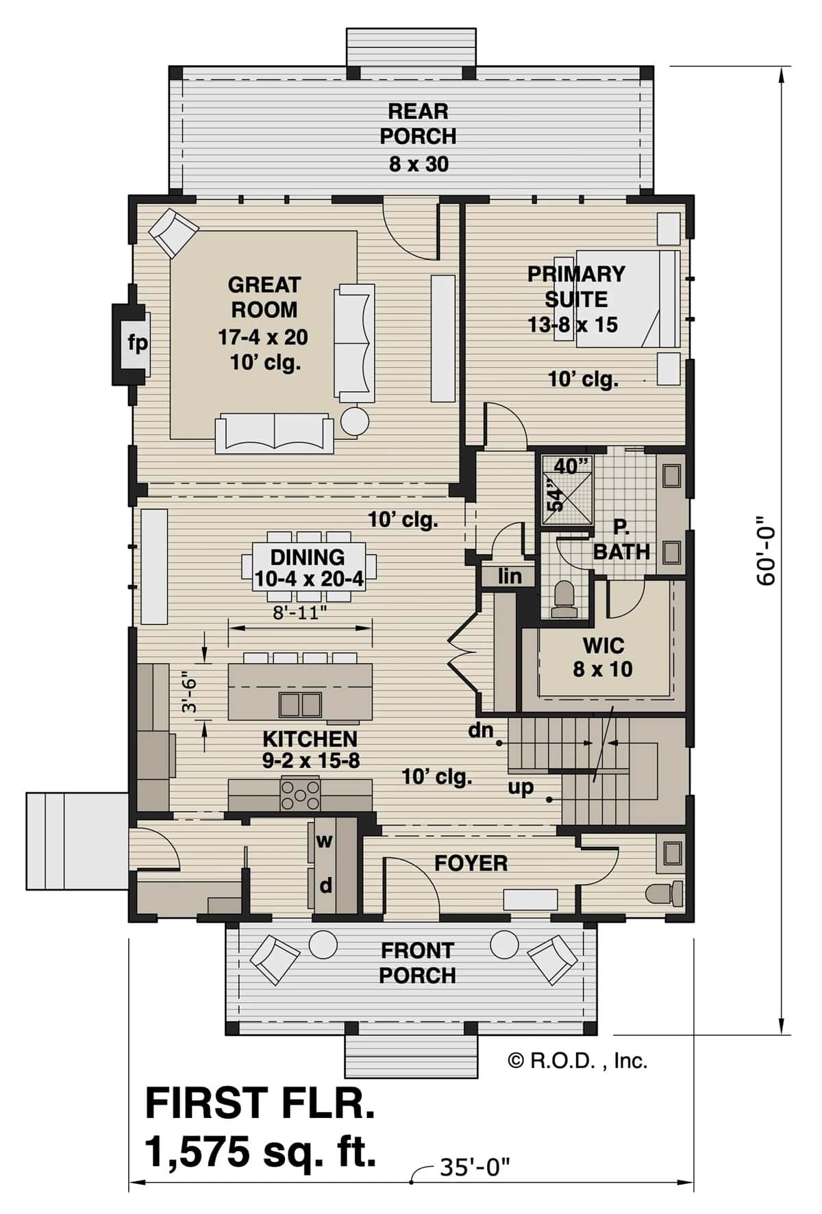 Main level floor plan of a 3-bedroom farmhouse style two-story The Hastings home with foyer, kitchen, dining area, great room, primary suite, laundry room, and front and rear porches.