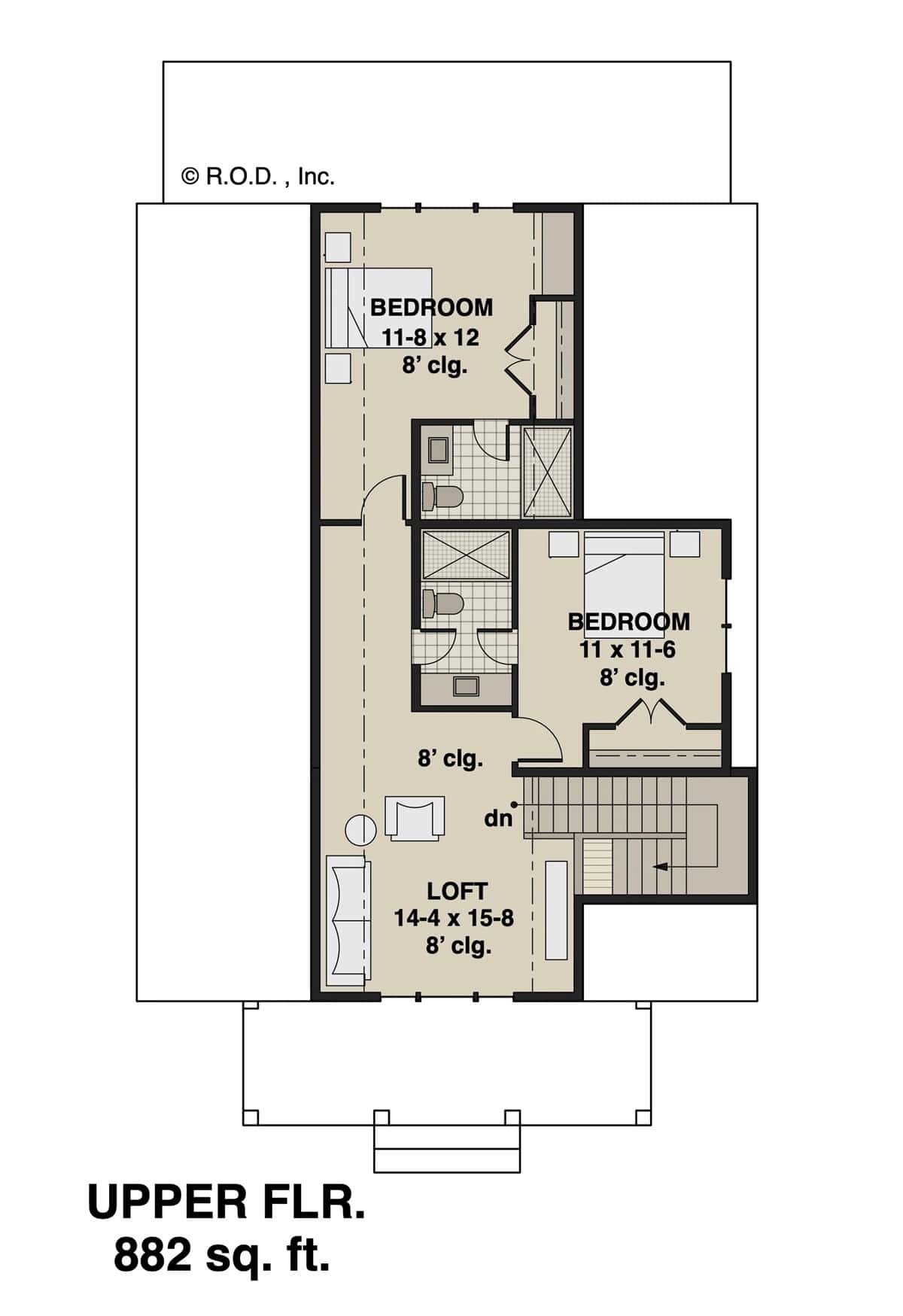 Second level floor plan with two bedroom suites and a loft.