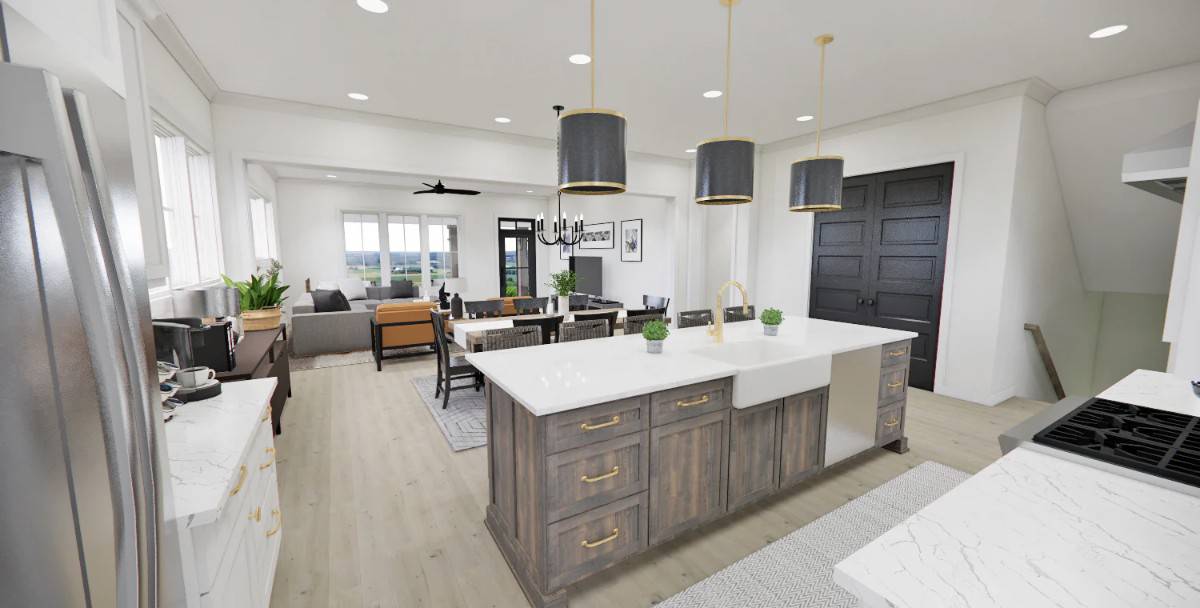 Kitchen with custom cabinetry and a breakfast island fitted with a prep sink.