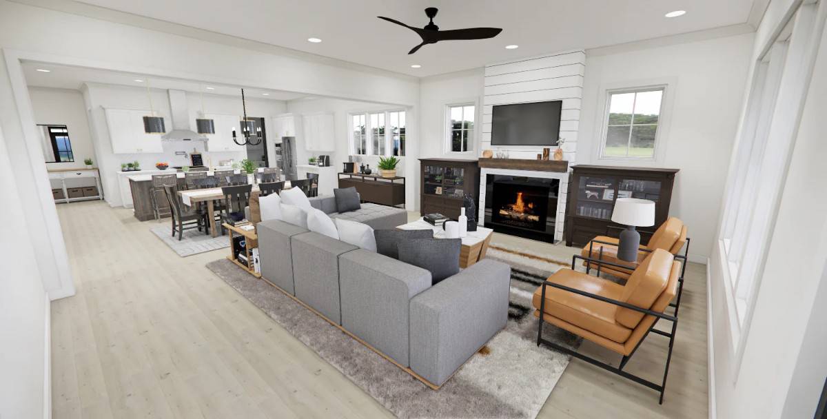 An open layout view of the great room, dining area, and kitchen.