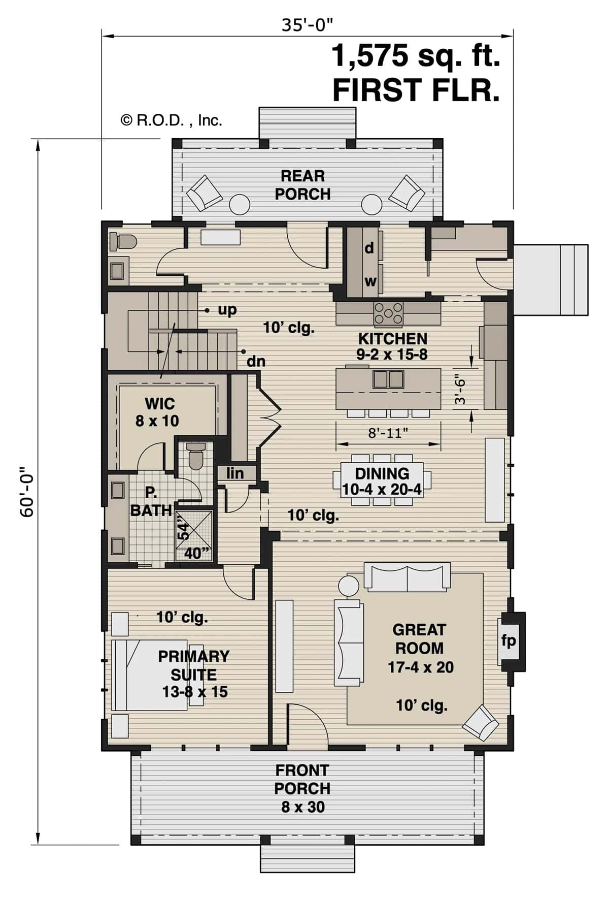 Main level floor plan of a modern two-story 3-bedroom The Haywood farmhouse with great room, dining area, kitchen, primary suite, laundry, and covered front and rear porches.