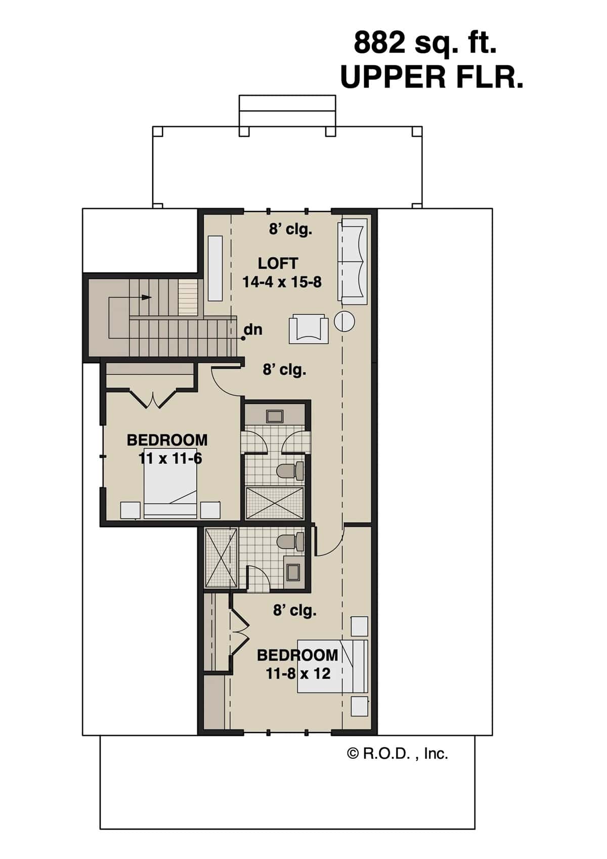 Second level floor plan with two bedroom suites and a loft.