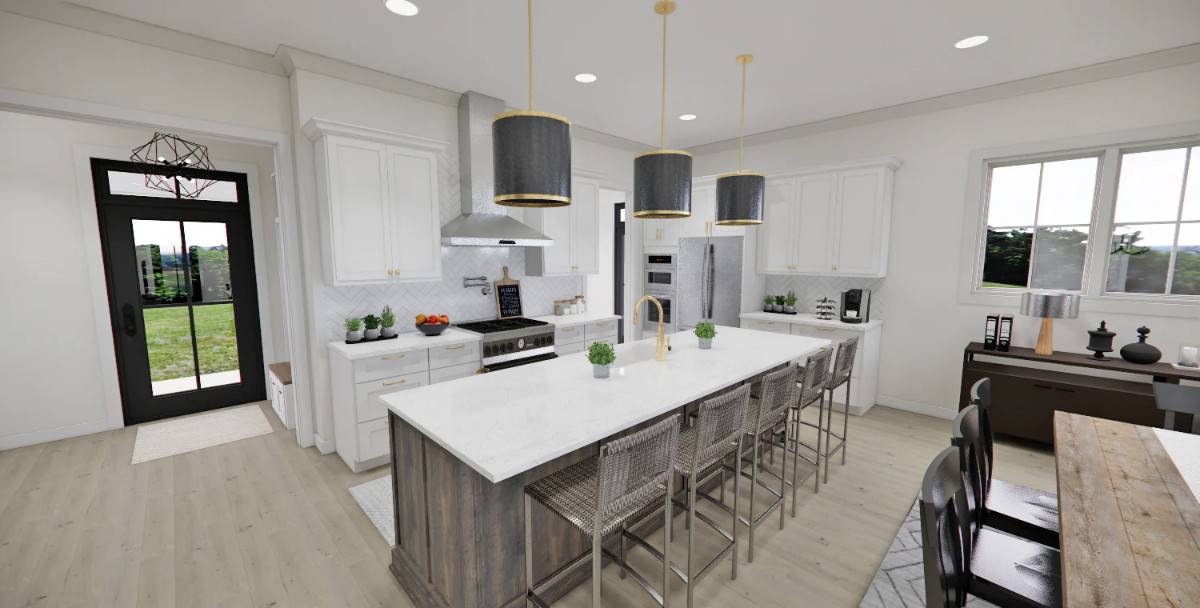 Kitchen with white cabinets, stainless steel appliances, and a breakfast island paired with perforated counter stools.