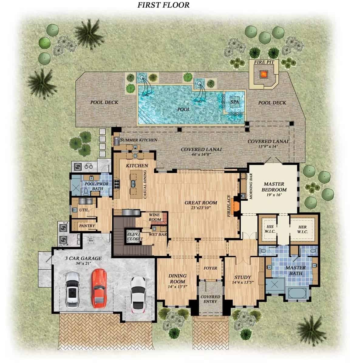 Main level floor plan of a two-story beach style 4-bedroom Blue Lagoon 2 home with foyer, dining room, great room, kitchen, study, primary suite, wine room, utility, 3-car garage, and lots of outdoor space.