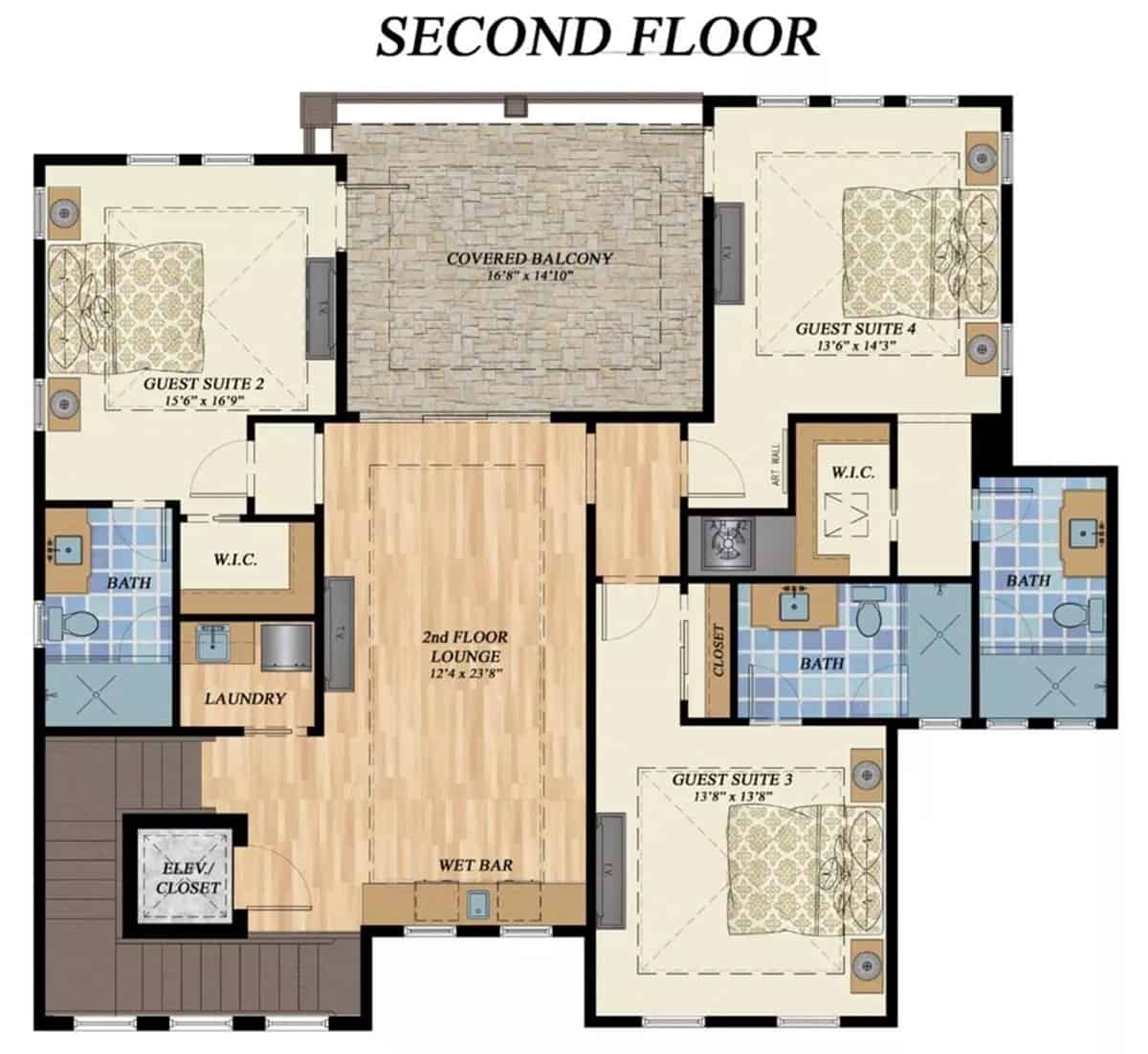 Second level floor plan with three bedroom suites, laundry room, and lounge room with a wet bar and balcony access.