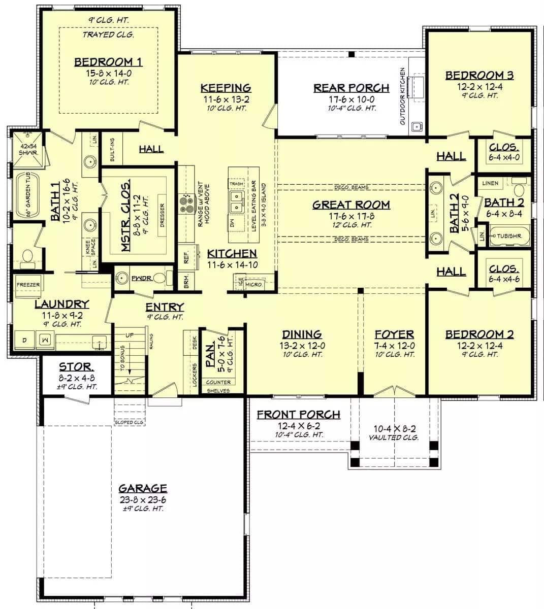 Main level floor plan of the Richmond Avenue 3-bedroom single-story modern farmhouse with foyer, dining room, great room, kitchen, keeping room, three bedrooms, laundry, and mudroom leading to the garage.