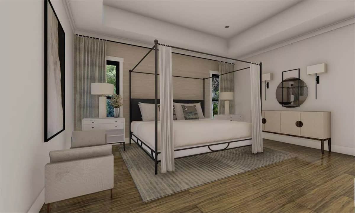 Primary bedroom with a canopy bed, a cleopatra bench, and a light wood console table under a tray ceiling.