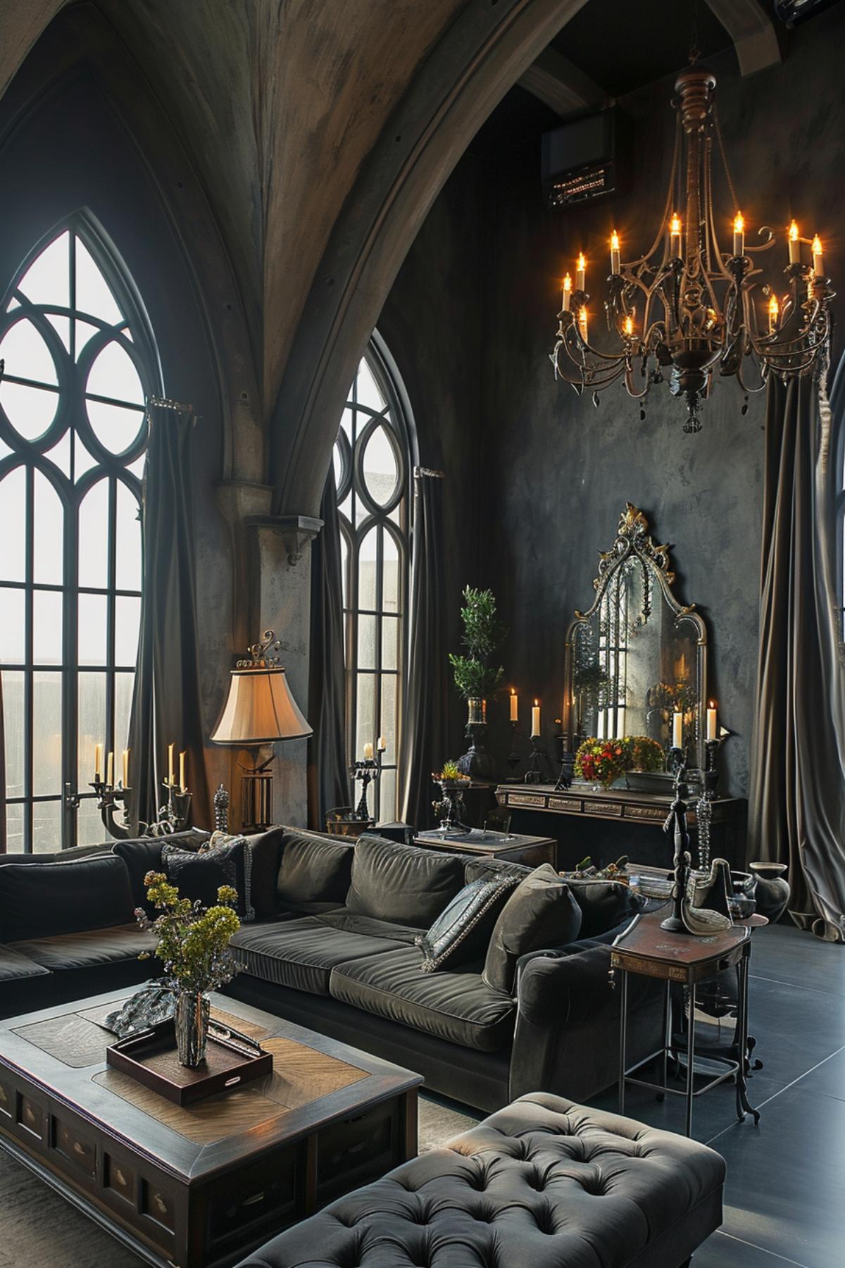Luxurious Living Room Showcasing a Fusion of Gothic Splendor and Contemporary Design Touches