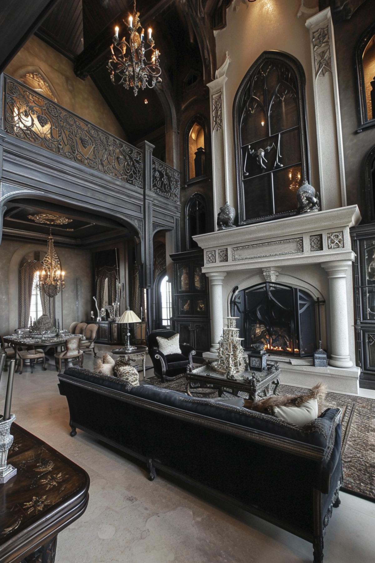 Luxurious Living Room Showcasing a Fusion of Gothic Splendor and Contemporary Design Touches