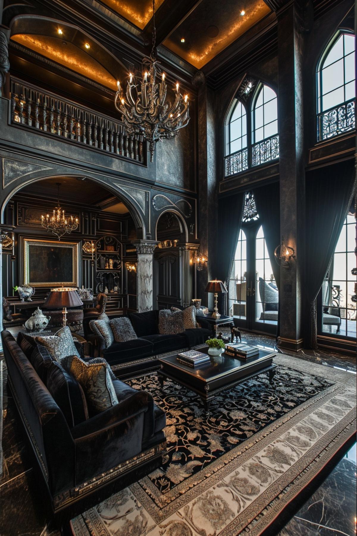 Luxurious Living Room Showcasing a Fusion of Gothic Splendor and Contemporary Design Touches