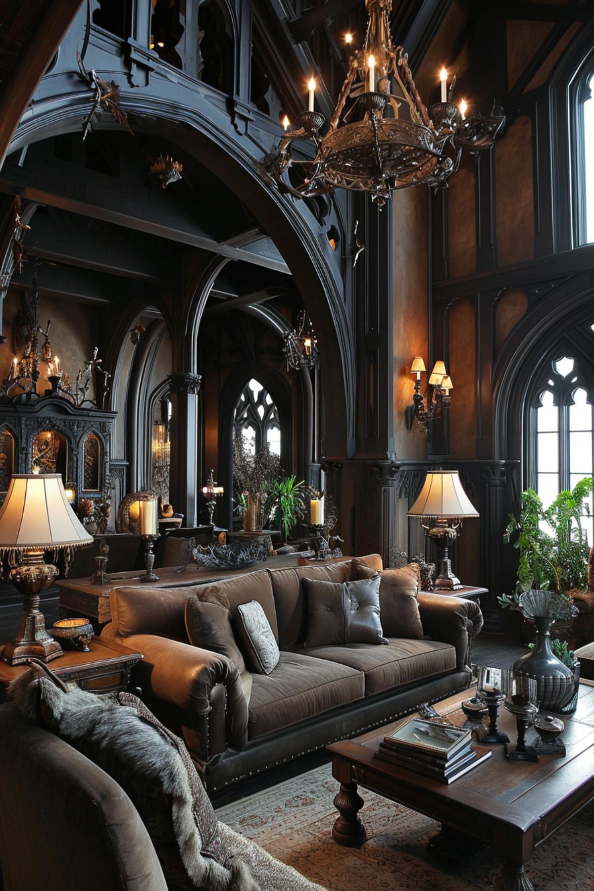 Luxurious Living Room Showcasing a Fusion of Gothic Splendor and Contemporary Design Touches