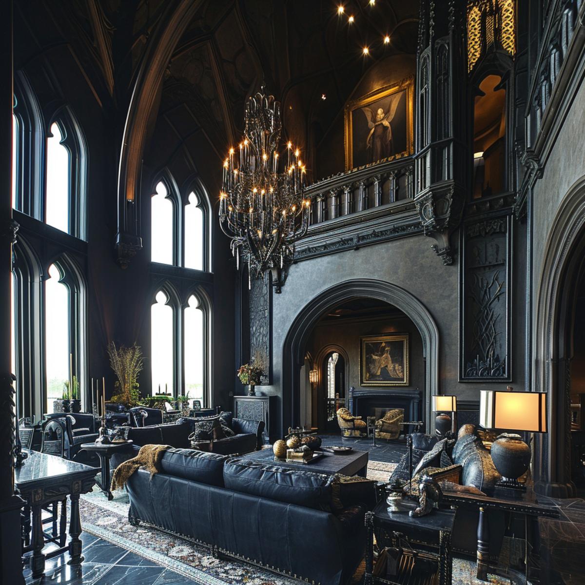 Luxurious Living Room Showcasing a Fusion of Gothic Splendor and Contemporary Design Touches
