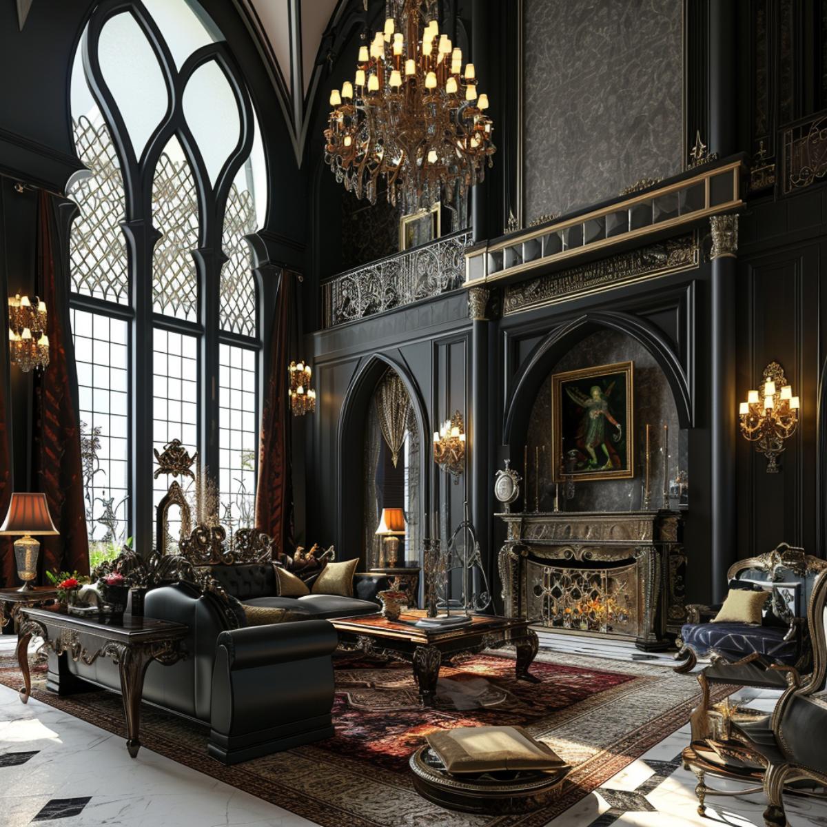 Luxurious Living Room Showcasing a Fusion of Gothic Splendor and Contemporary Design Touches