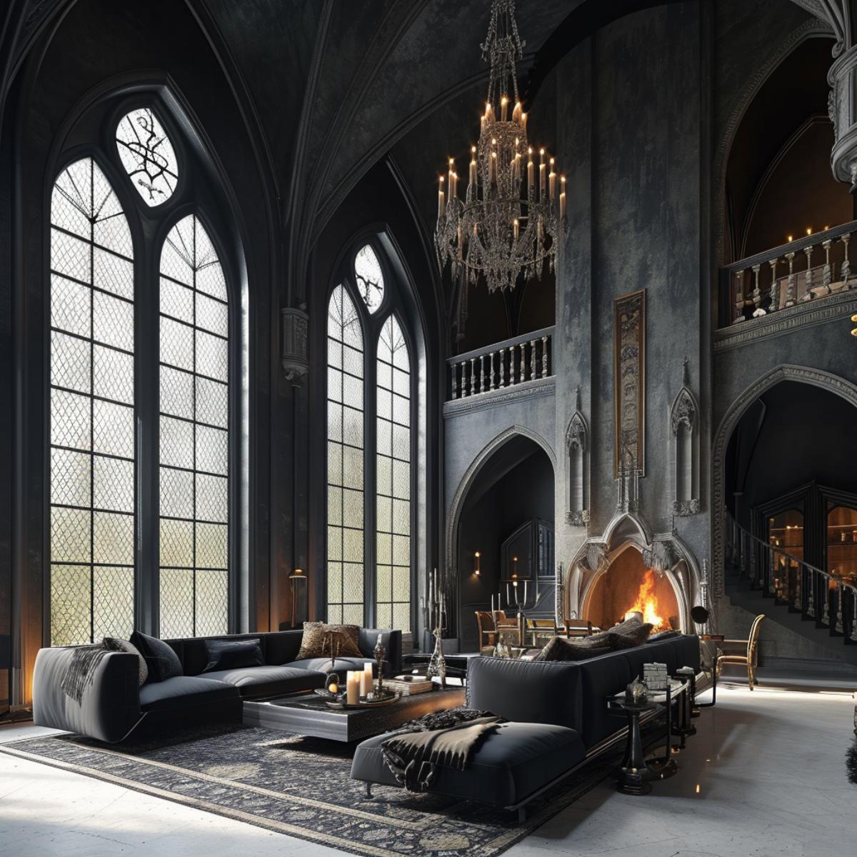 Luxurious Living Room Showcasing a Fusion of Gothic Splendor and Contemporary Design Touches
