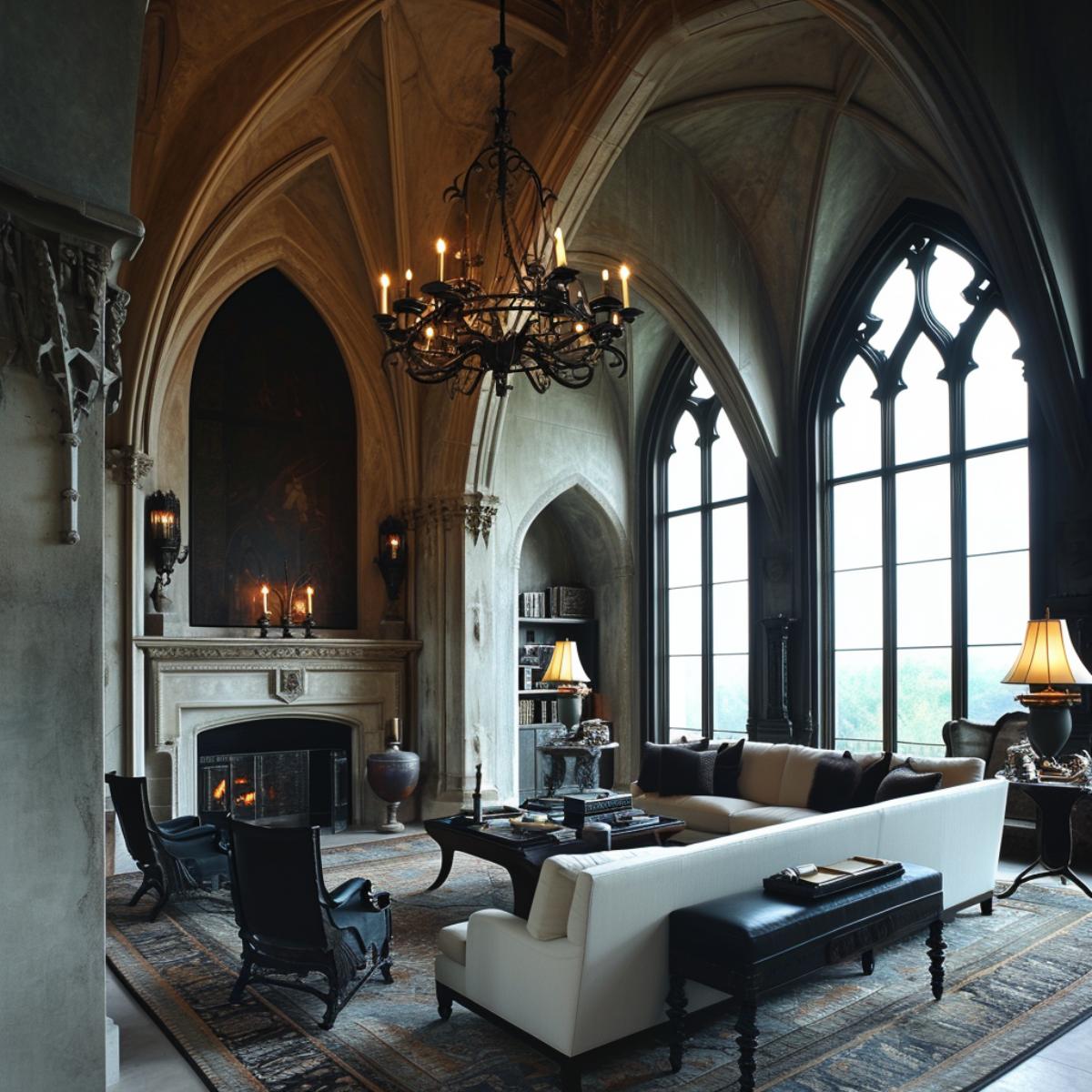 Luxurious Living Room Showcasing a Fusion of Gothic Splendor and Contemporary Design Touches