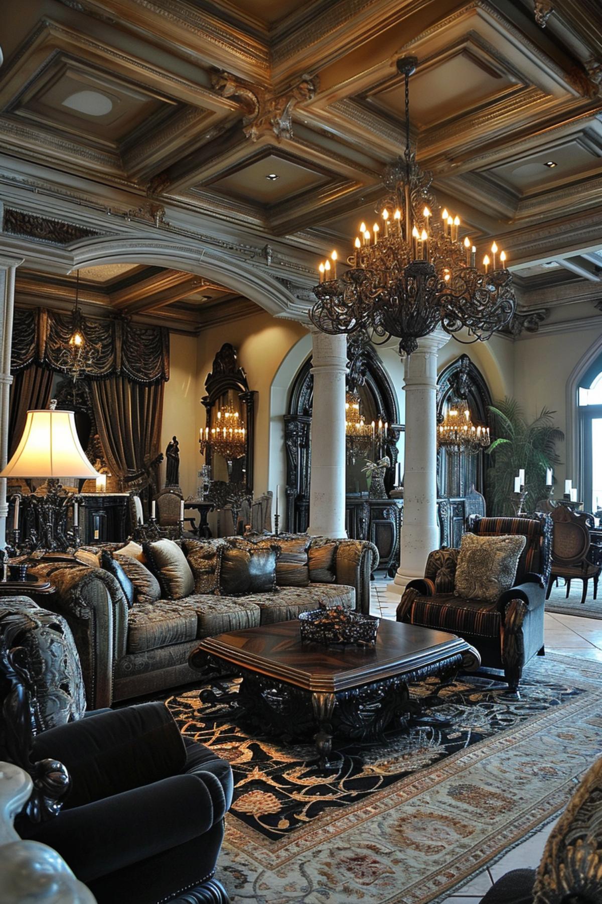 Luxurious Living Room Showcasing a Fusion of Gothic Splendor and Contemporary Design Touches
