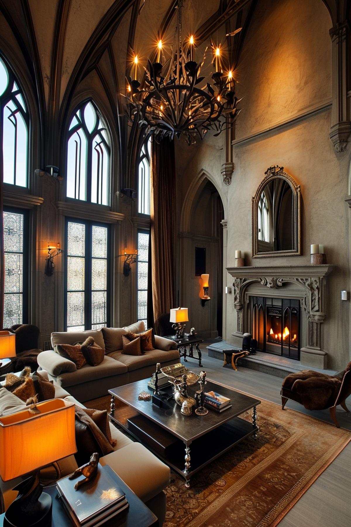 Luxurious Living Room Showcasing a Fusion of Gothic Splendor and Contemporary Design Touches