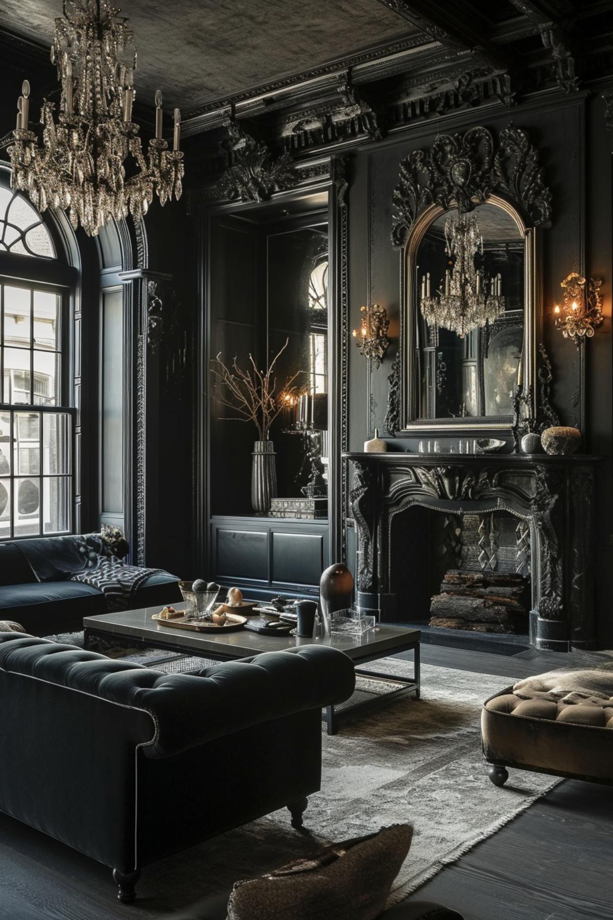 Luxurious Living Room Showcasing a Fusion of Gothic Splendor and Contemporary Design Touches