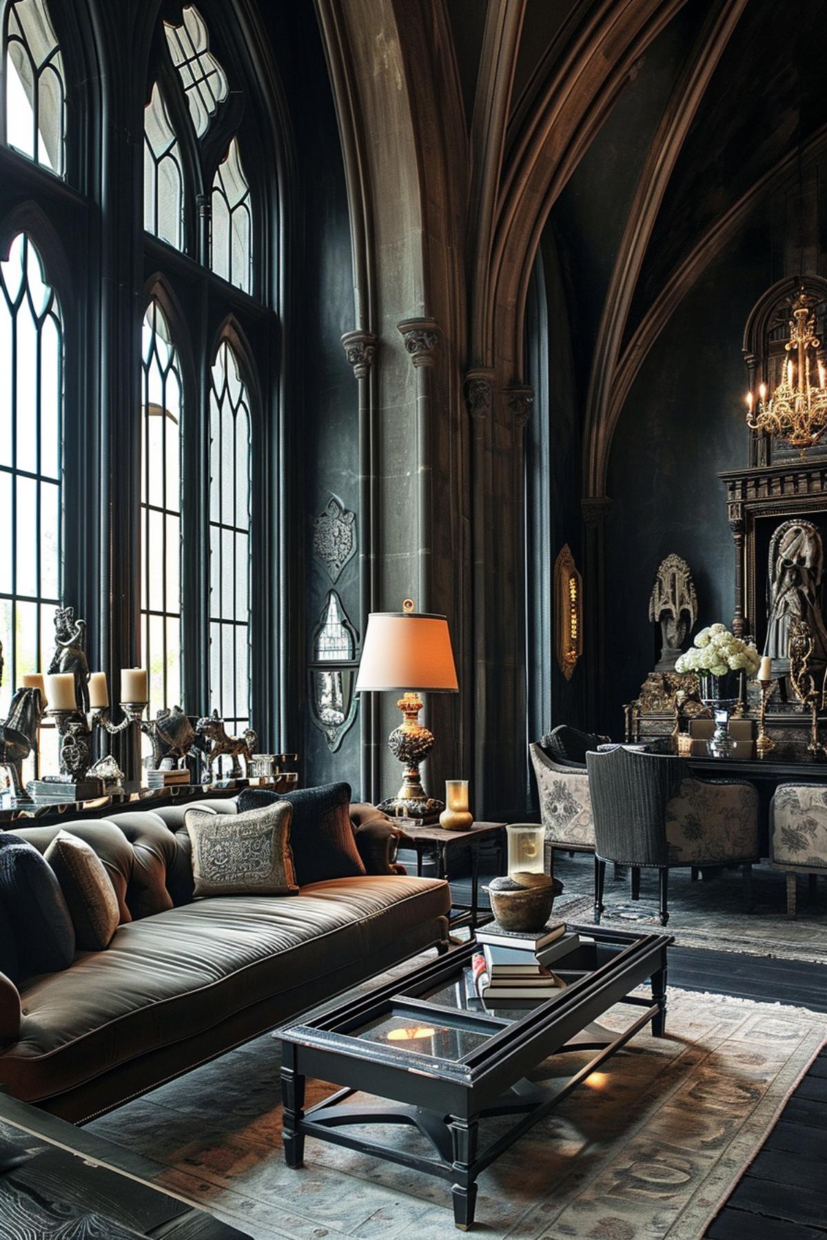 Luxurious Living Room Showcasing a Fusion of Gothic Splendor and Contemporary Design Touches