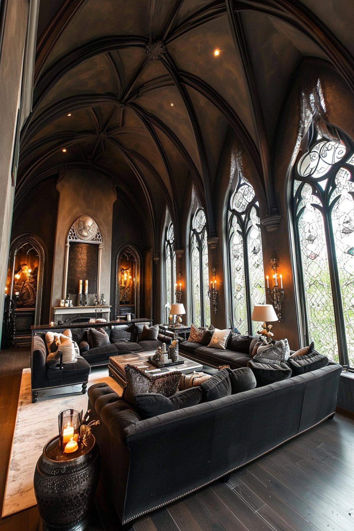 Luxurious Living Room Showcasing a Fusion of Gothic Splendor and Contemporary Design Touches