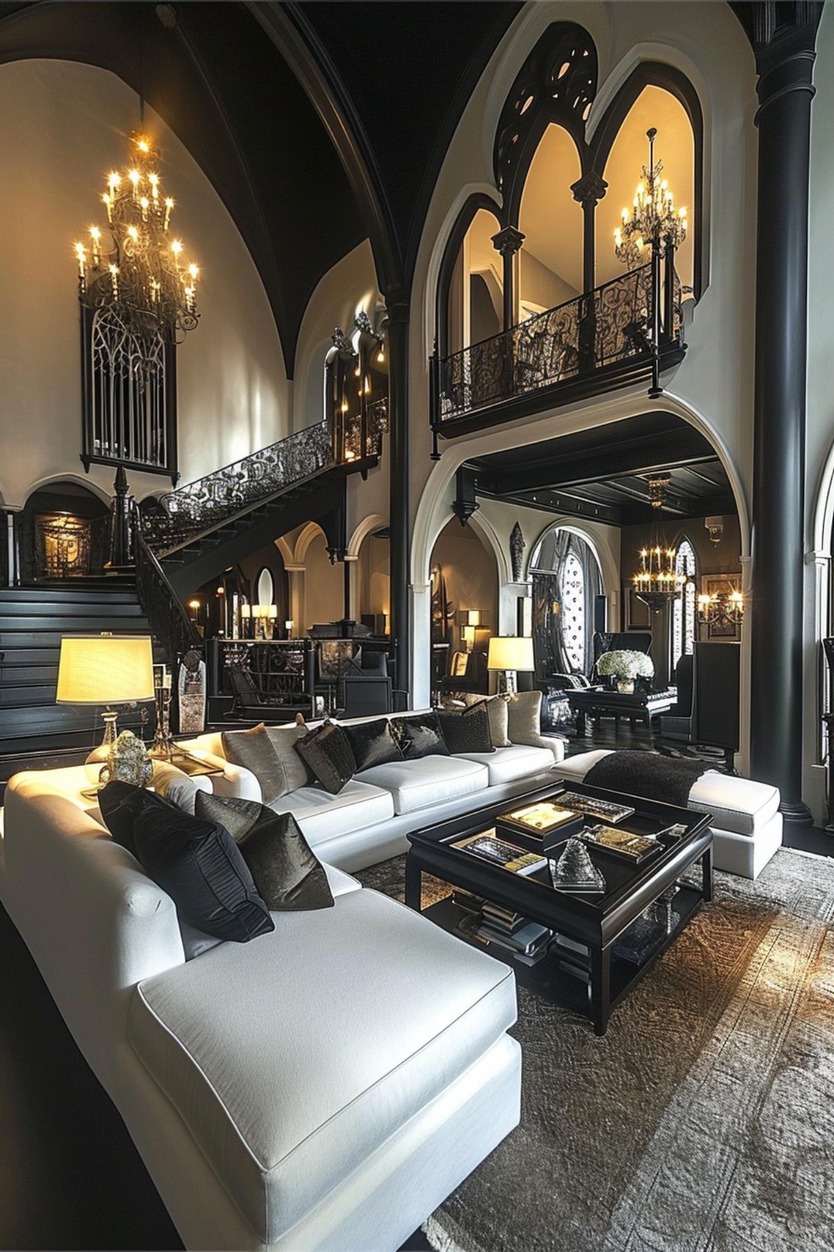 Luxurious Living Room Showcasing a Fusion of Gothic Splendor and Contemporary Design Touches